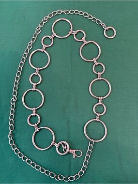 Metal Ring Chain Link 70's Boho Silvertone Belt Chain Overall 50” Clip Closure